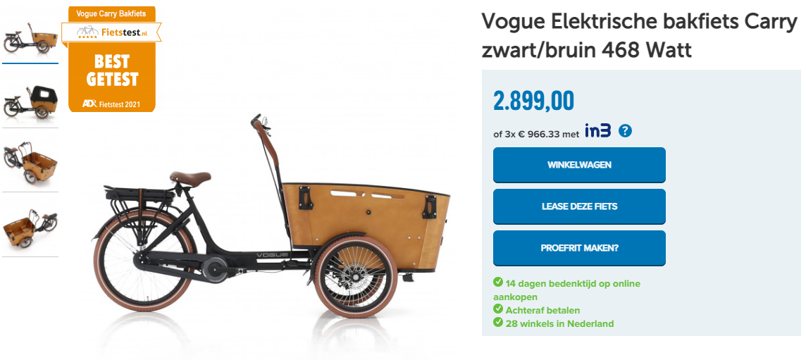 Vogue Elektrische bakfiets Carry zwart/bruin 468 Watt