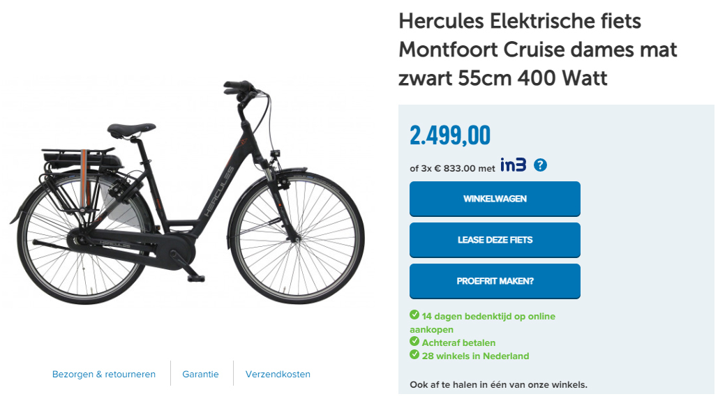 Hercules Elektrische fiets Montfoort Cruise dames mat zwart 55cm 400 Watt