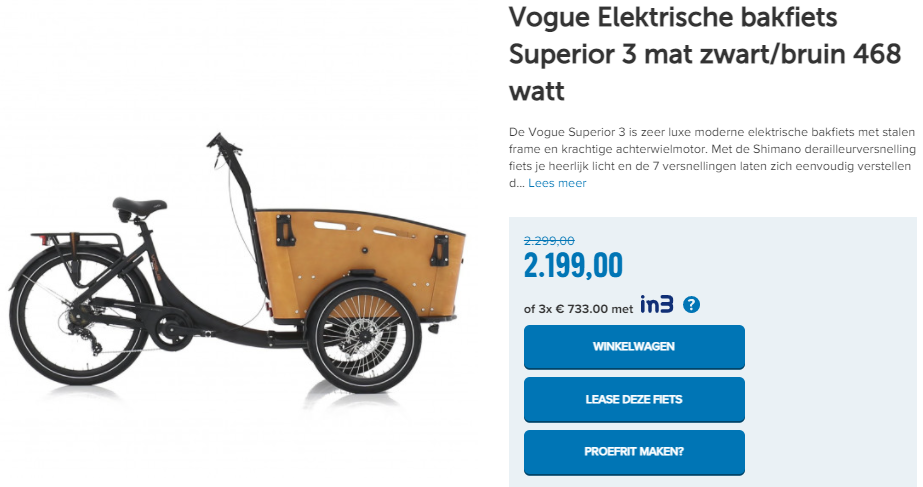 Vogue Elektrische bakfiets Superior 3 mat zwart/bruin 468 watt