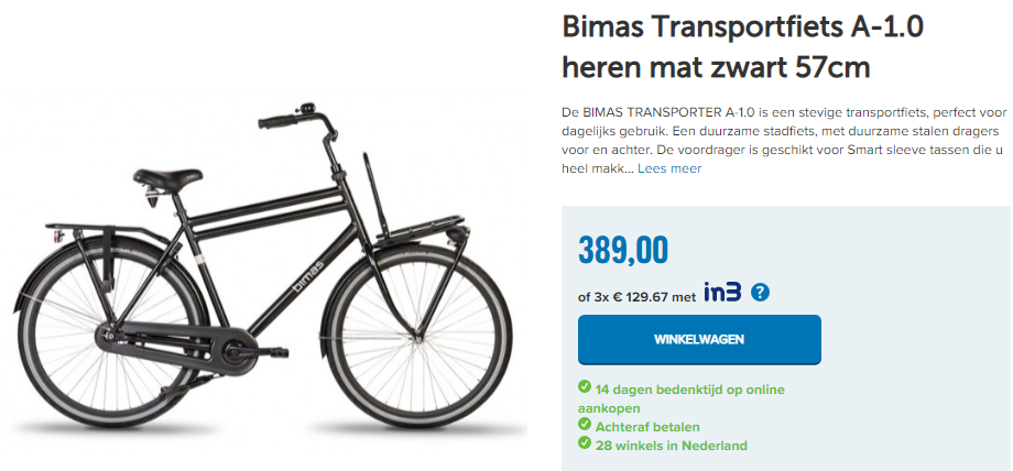 Bimas Transportfiets A-1.0 heren mat zwart 57cm