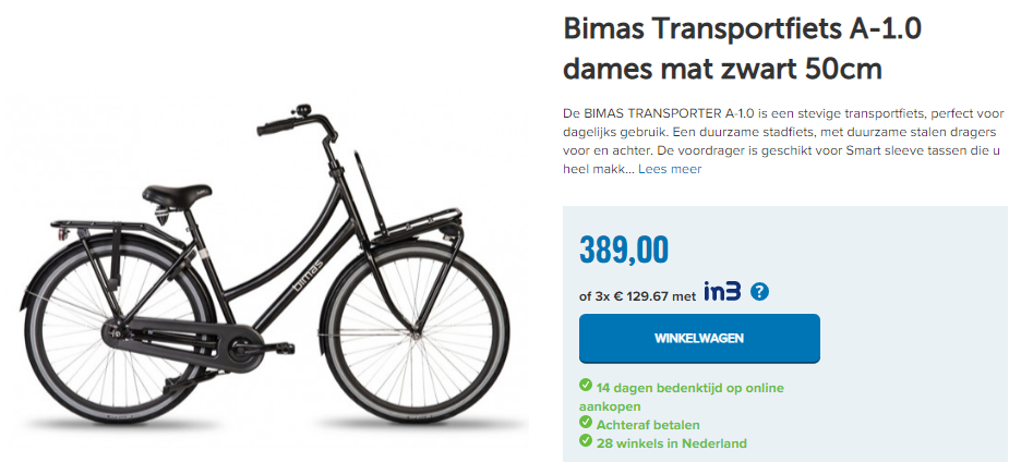 Bimas Transportfiets A-1.0 dames mat zwart 50cm