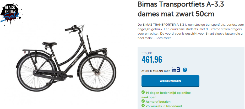 Bimas Transportfiets A-3.3 dames mat zwart 50cm