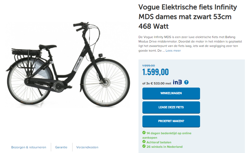 Vogue Elektrische fiets Infinity MDS dames mat zwart 53cm 468 Watt