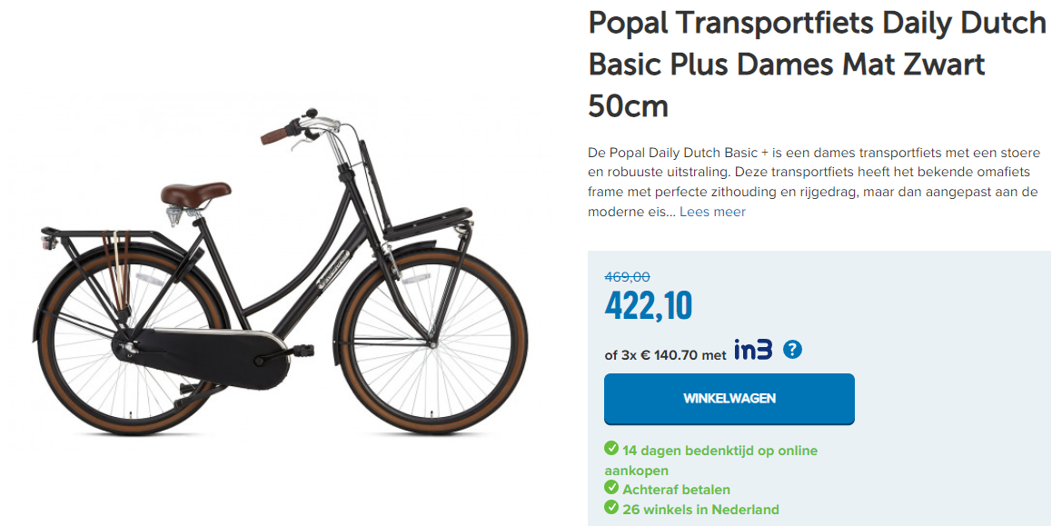 Popal Transportfiets Daily Dutch Basic Mat Zwart 50cm