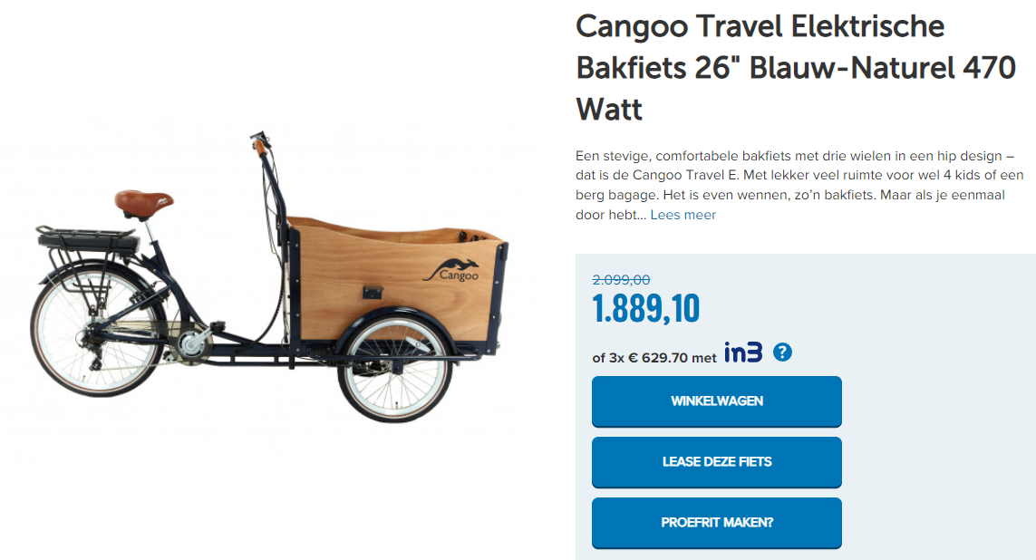 Cangoo Travel Elektrische Bakfiets 26" Blauw-Naturel 470 Watt