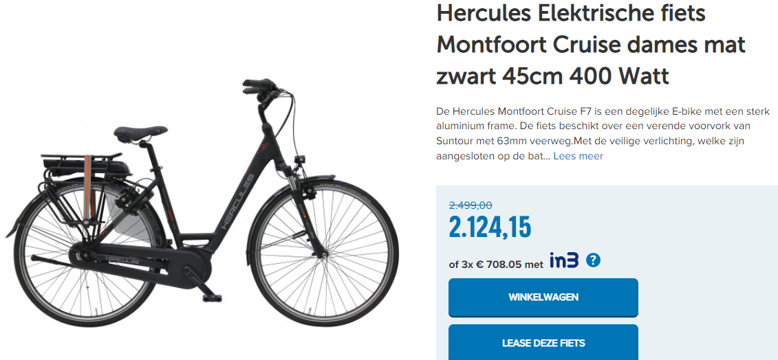 Hercules Elektrische fiets Montfoort Cruise dames mat zwart 45cm 400 Watt