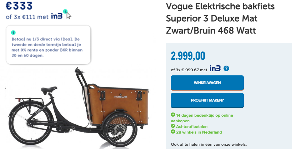 Vogue Elektrische bakfiets Superior 3 Deluxe Mat Zwart/Bruin 468 Watt