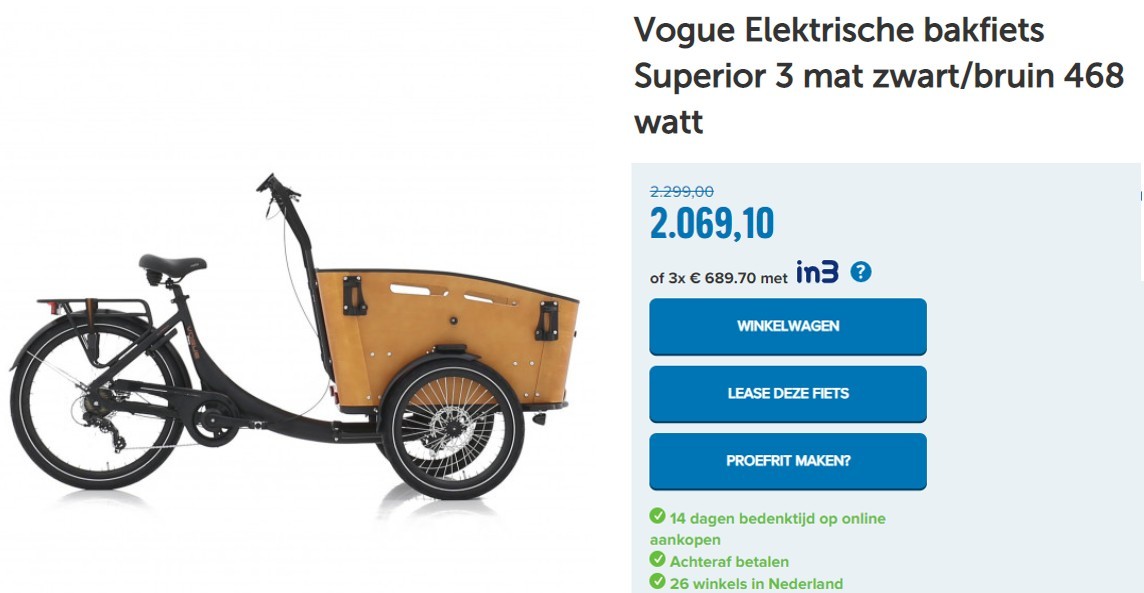 Vogue Elektrische bakfiets Superior 3 mat zwart/bruin 468 watt