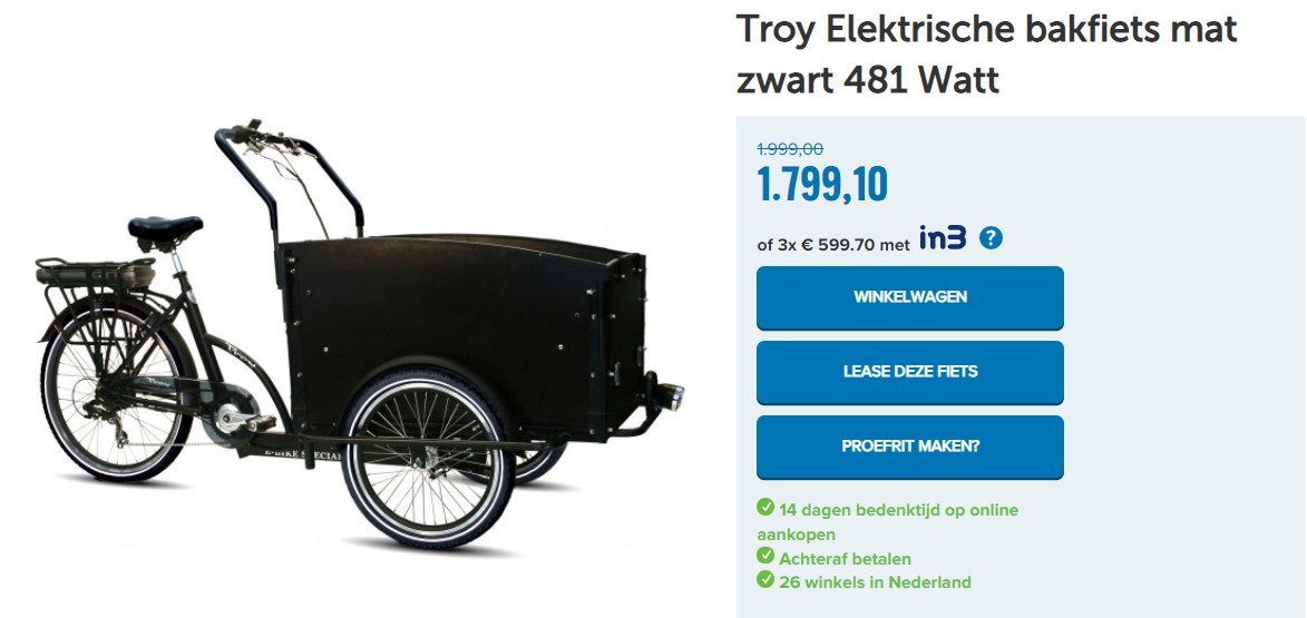 Troy Elektrische bakfiets mat zwart 481 Watt